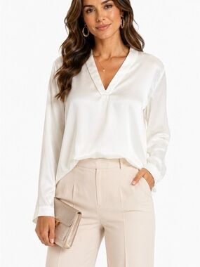 Halston Heritage Ivory Satin Trim V-Neck Blouse Size S